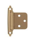 Variable Overlay Self-Closing Face Mount Cabinet Hinge In Champagne Bronze Finish, front view showing metal construction and holes.