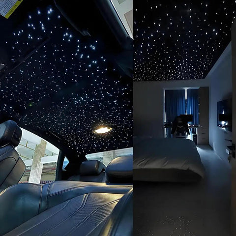 16W Fiber Optic Lights Starlight Headliner Kit With APP Bluetooth Control in car and bedroom setup with twinkling effect