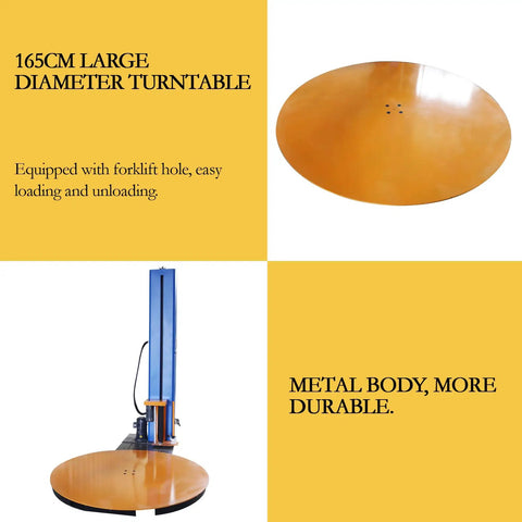 Workhorse Industrial Pallet Wrapping Machine With 4409 Pounds Capacity And 65 Inch Turntable Featuring Forklift Hole for easy loading.