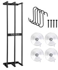 Black metal towel rack stand with four suction cups, S-hooks, and screws, shown with front view of components.