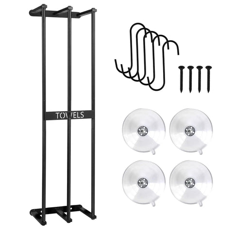Black metal towel rack stand with four suction cups, S-hooks, and screws, shown with front view of components.