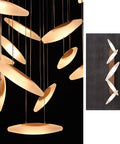 Modern Eight Led Ceiling Pendant Light With Warm Glow Handcrafted Solid Wood Shade Energy Saving Fixture, pendant lights against black backdrop.