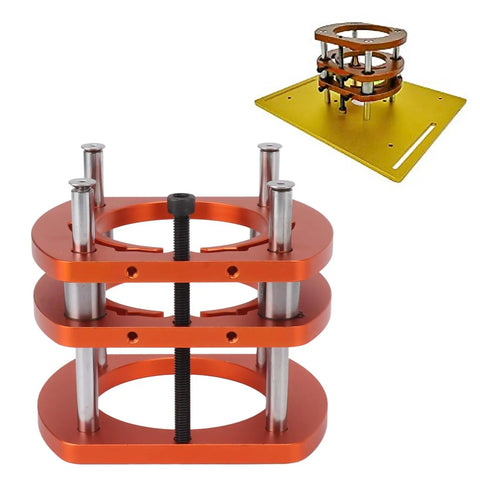 Heavy Duty Metal Router Lift Base Kit With Four Jaw Clamp And Smooth Crank Handle For Woodworking Tables close-up view, orange metal construction.