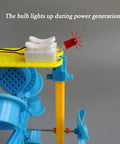 Mini Hydro Power Generator Kit with water wheel, hand crank, and LED bulb lighting for energy conversion demonstration.