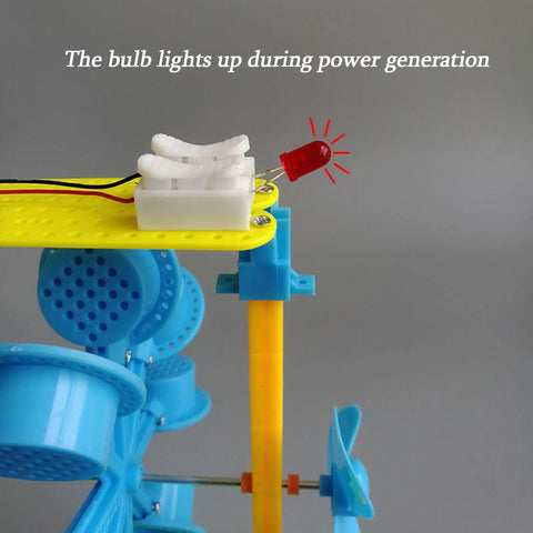 Mini Hydro Power Generator Kit with water wheel, hand crank, and LED bulb lighting for energy conversion demonstration.