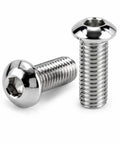 5/16-24 X 1 Button Head Socket Cap Screws Set, two chrome plated steel Allen bolts on white background