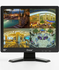 15 Inch CCTV Monitor With BNC VGA HDMI AV Inputs, 4:3 1024x768 HD Display showing multiple surveillance camera feeds