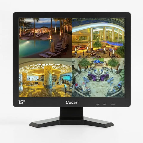 15 Inch CCTV Monitor With BNC VGA HDMI AV Inputs, 4:3 1024x768 HD Display showing multiple surveillance camera feeds