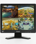 15 Inch CCTV Monitor With BNC VGA HDMI AV Inputs, displaying surveillance footage in a 4:3 1024x768 HD Display, USB playback visible