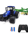 Remote Control Farm Tractor Truck With Two Rechargeable Batteries And Realistic Cab Lights For Kids Aged Three To Six, showing tractor, batteries, remote
