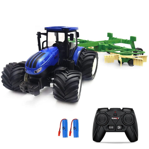 Remote Control Farm Tractor Truck With Two Rechargeable Batteries And Realistic Cab Lights For Kids Aged Three To Six, showing tractor, batteries, remote