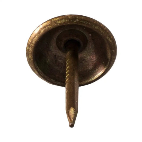 Close-up of single tack from 500 Piece Antique Copper Upholstery Nails And Furniture Tacks Set For An Old School Vintage Vibe In French Natural Decor, Thumb Tack Push Pins, 7/16 Inch Head, 1/2 Inch Shank, Easy Install With Tack Hammer And Nose Pliers