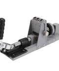 Workhorse Pocket Hole Jig Kit Built With Solid Aluminum Alloy Chassis and adjustable drill locator on gray heavy-duty jig.