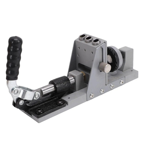 Workhorse Pocket Hole Jig Kit Built With Solid Aluminum Alloy Chassis and adjustable drill locator on gray heavy-duty jig.
