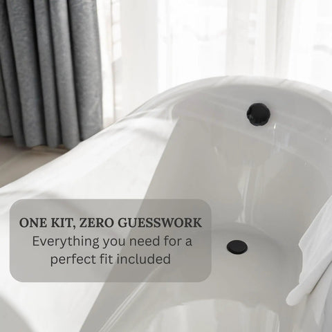 Heavy Duty Matte Black Bath Drain Plug With A Slick 35 Inch Cable Drive Pop Up Mechanism and Solid Brass Handle, installed in tub.