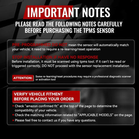 IMPORTANT NOTES for TPMS Sensor For Buick Cadillac Chevrolet GMC Vehicles Great Fit For SUVs And Cars 2002 To 2020