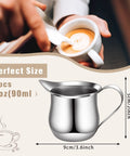 Pouring coffee with a spoon next to a 4 Pack 3oz Stainless Steel Creamer Pitchers With Handle For Coffee Milk Sauces