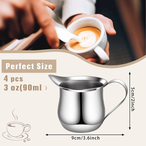 Pouring coffee with a spoon next to a 4 Pack 3oz Stainless Steel Creamer Pitchers With Handle For Coffee Milk Sauces