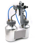 Kickass Dual Head Pneumatic Paint Sprayer With 1.3 Mm Nozzle And 1000 Ml Cup showing dual stainless cups and spray gun for smooth finishes.