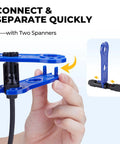 Two blue spanner wrenches used in Solar Crimping Tool Kit For DIY PV Installations With 12 Connector Pairs, 14-10 AWG Cable Crimping.