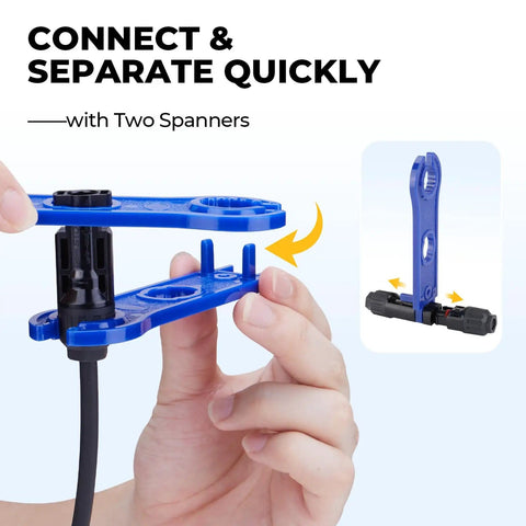 Two blue spanner wrenches used in Solar Crimping Tool Kit For DIY PV Installations With 12 Connector Pairs, 14-10 AWG Cable Crimping.