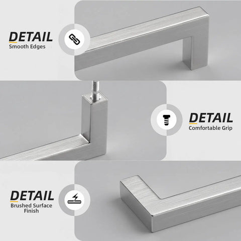 Close-up details of 10 Pack Brushed Nickel Cabinet Pulls 3-3/4 Inch Hole Center Square Bar Drawer Handles for Kitchen Cabinets.