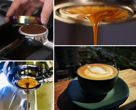 Four images: preparing grounds with 54mm Naked Bottomless Portafilter for Breville BES870 878 880; golden espresso shot; latte art.
