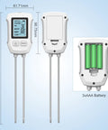 No Fuss All In One 5 In 1 Soil Tester With Dual Probe Digital 2026 showing front, back, and battery compartment, three AAA batteries