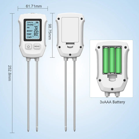 No Fuss All In One 5 In 1 Soil Tester With Dual Probe Digital 2026 showing front, back, and battery compartment, three AAA batteries