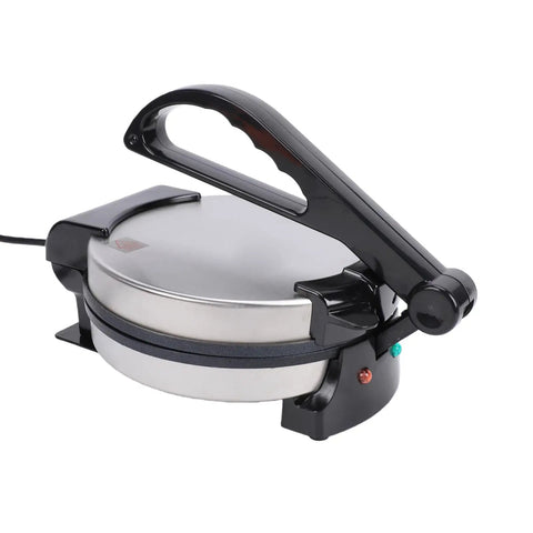 Asixxsix Electric Tortilla Maker, 1000W 8 Inch Non Stick Roti Press With Smart Temp Control, silver and black design.