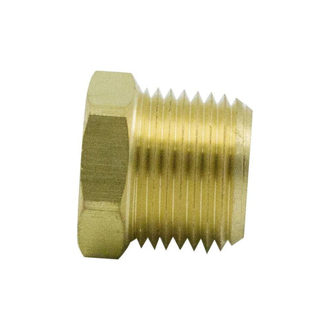 Side view of brass hex bushing pipe fitting, 1/2 in NPT male to 3/8 in NPT female, 2-pack