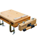 Heavy Duty Portable Woodworking Bench Vise Crafted From Premium Hardwood With Four Dead Simple Bench Dogs And Dual Lockdown Clamps for easy setup.