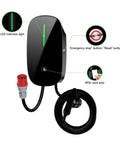 Slick Type Two Electric Vehicle Wall Charger Providing 7.6 To 22 Kilowatts with LED light, emergency stop button, and RFID area.