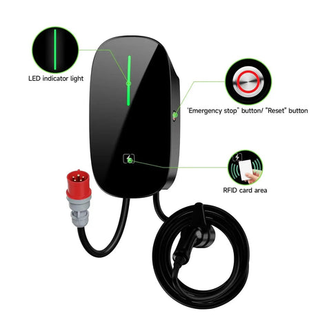 Slick Type Two Electric Vehicle Wall Charger Providing 7.6 To 22 Kilowatts with LED light, emergency stop button, and RFID area.