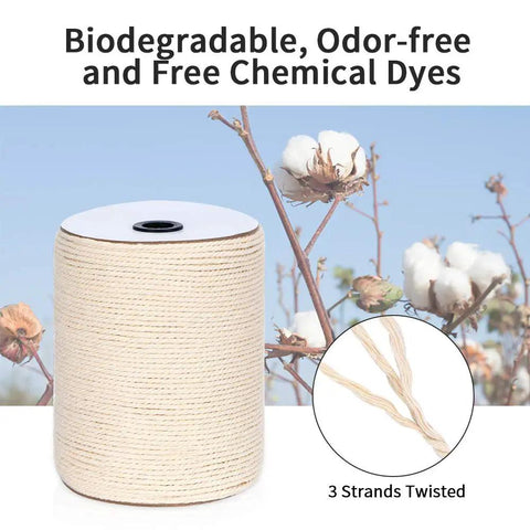 Spool of 4mm Natural Cotton Macrame Rope Twisted 3-Strand Cord, 328 Yards with cotton plant background, biodegradable and odor-free