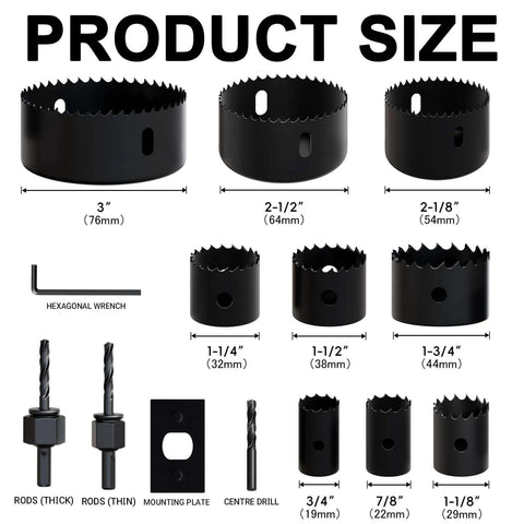 METOTY 14-piece hole saw kit with mandrel and accessories; saws from 3/4" to 3" for soft wood and PVC board.