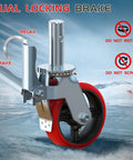 Badass Heavy Duty Eight Inch Scaffolding Caster Wheels Set Of Four featuring dual locking brakes and red wheels for stability.