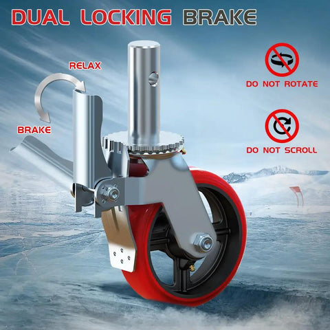 Badass Heavy Duty Eight Inch Scaffolding Caster Wheels Set Of Four featuring dual locking brakes and red wheels for stability.