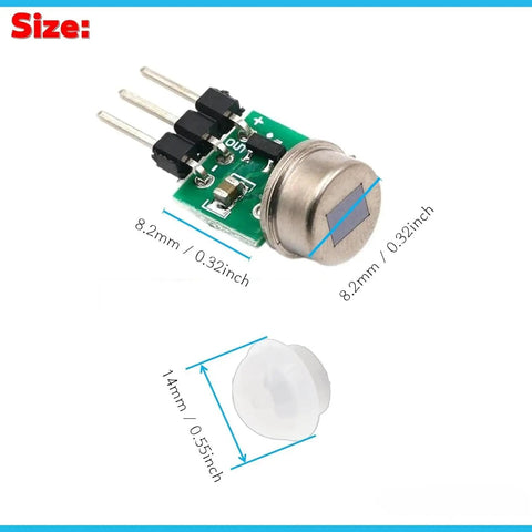 5 Pack Mini PIR Motion Sensor Modules For Arduino Projects, Ultra Sensitive Infrared Body Detectors, 2.7-12V DC, Fast Trigger, Compact Modules, Dope For Smart Home, Robotics, And DIY Automation, size view with 8.2mm and 14mm measurements