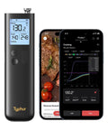 Sync Gold Wireless Meat Thermometer With Sub 1G Signal Pro Level Stability next to smartphone app interface
