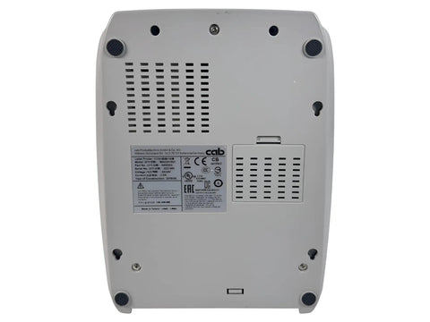 Back view of MACH1 300 Thermal Transfer Label Printer 300 DPI USB Ethernet Serial And AC Adapter with ports and labels