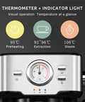 Control panel of Slick Electric Coffee Maker With Auto Milk Frother For Thick Cappuccino And Hot Latte Brews with temperature gauge.