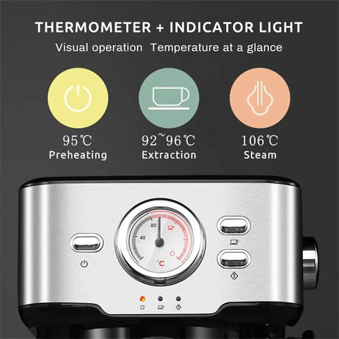 Control panel of Slick Electric Coffee Maker With Auto Milk Frother For Thick Cappuccino And Hot Latte Brews with temperature gauge.