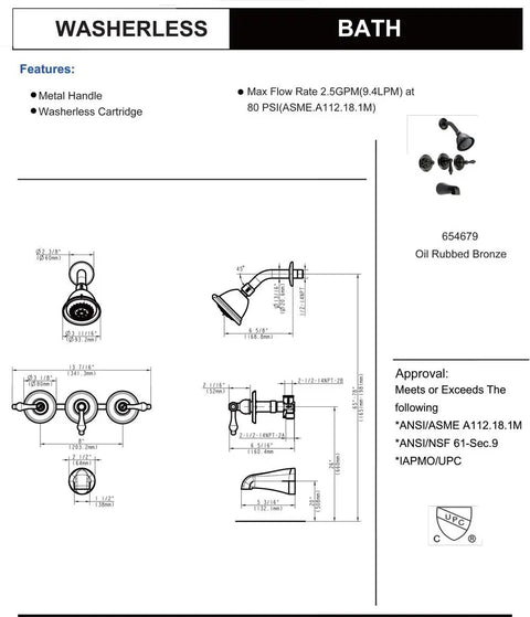 Diagram of Oil Rubbed Bronze Tub And Shower Faucet With Three Handle Design And Convertible Tub Shower Combo Head.