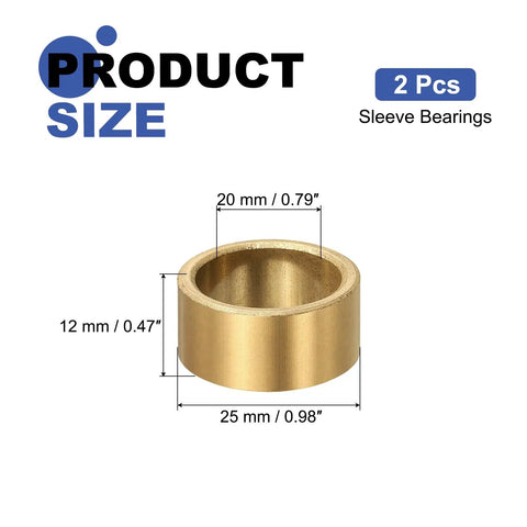 2 Pack Self-Lubricating Sintered Bronze Sleeve Bearings With 20mm Bore, 25mm Outer Diameter, And 12mm Length For Heavy-Duty, Low-Friction Performance In High-Temp Machinery, Tools, And DIY Projects.