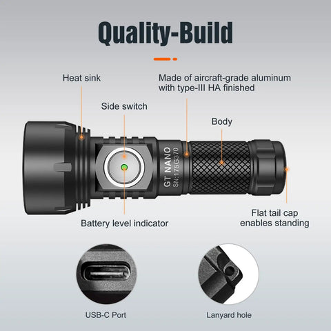 Diagram of GT Nano Keychain Flashlight Tiny Powerhouse With 450 Lumens 300 Meter Beam Distance About 2 Inch Length Included 10180 Li Ion Battery ORAM 6500K Cool White LED Black, showing features like side switch, battery indicator, USB-C port, and lanyard hole.