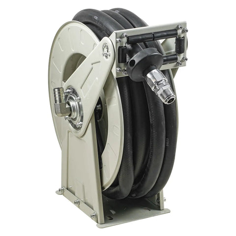Heavy Duty 1 Inch By 33 Foot Fuel Hose Reel With Retractable Diesel Hose, Carbon Steel Construction, Automatic Nozzle in gray