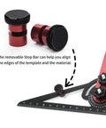 Stair Gauge And Layout Tool Set With Flexible Extension Beams For Precise Measuring And Scribing, Red-Gray, showing removable stop bar