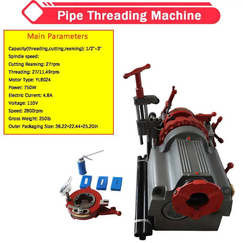 Heavy Duty Electric Pipe Threader Machine For 1/2 To 3 Inch Gas Water Pipes NPT Dies Automatic Retraction 110V with specs overview.