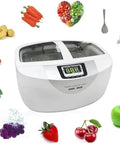 Premium 2.5L Ultrasonic Cleaner With 40KHz Digital Display And Dual Stainless Steel Baskets For Jewelry Watches Glasses And Dental Tools Features A Super Chill Quiet Heat Cycle To Banish Buildup And Keep Shiny with assorted fruits and vegetables around it.